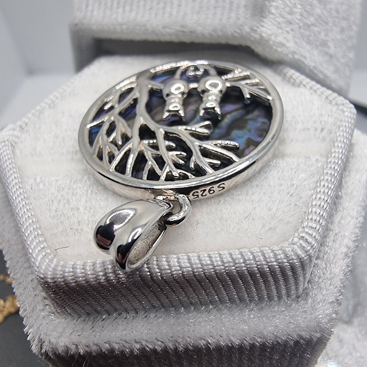 Tree of Life Pendant with Natural Abalone Shell and Cat 925 Sterling Silver Cat Lovers Jewelry