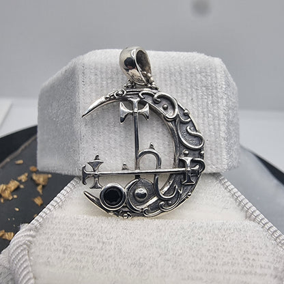 Lilith Moon Demon Sigil Pendant 925 Sterling Silver with Black Agate Accent