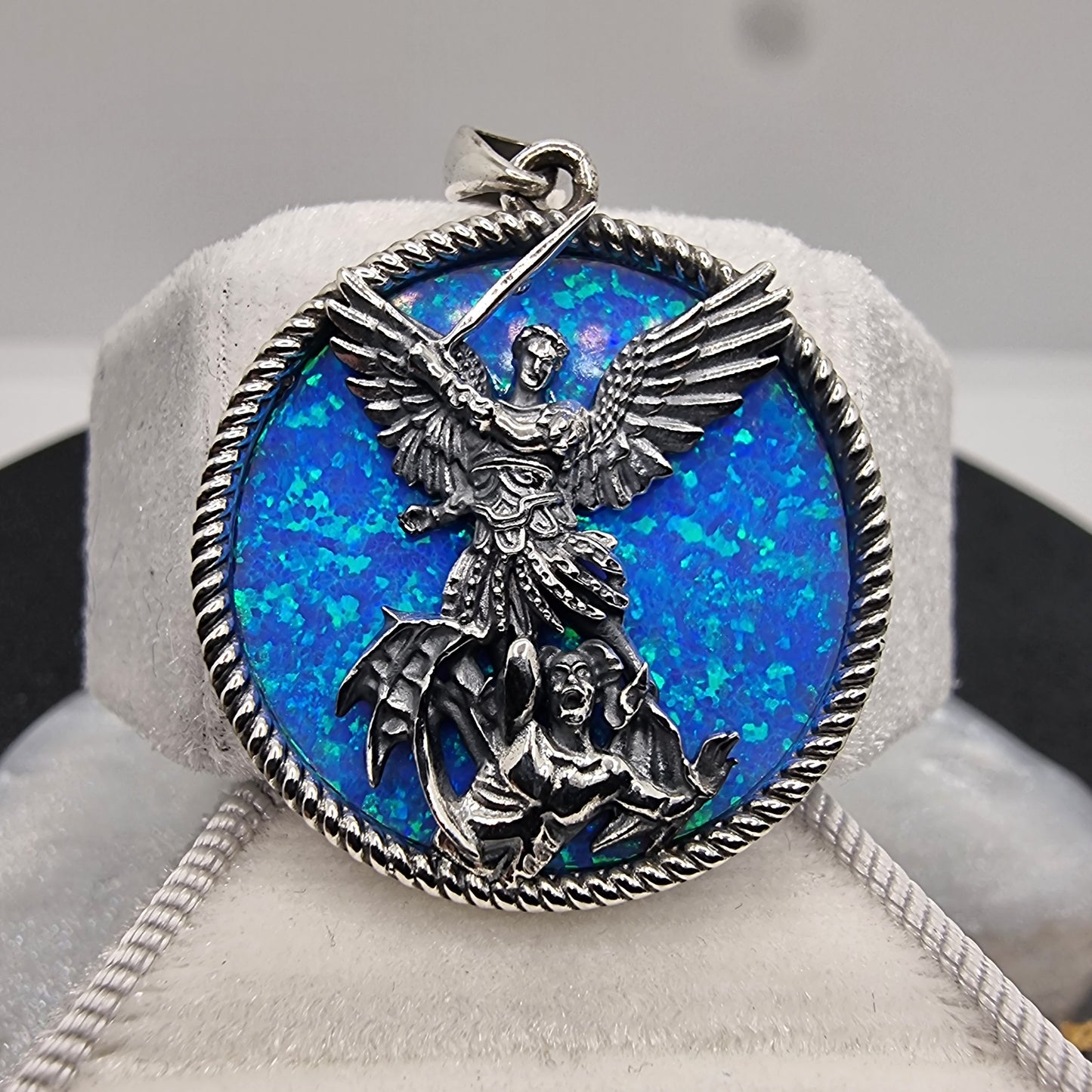 Saint Michael Archangel Pendant with Inlaid Opal Background 925 Sterling Silver