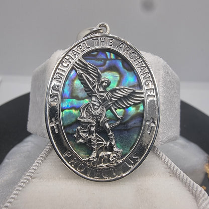 Saint Michael Archangel Inlay Pendant with Iridescent Shell 925 Sterling Silver