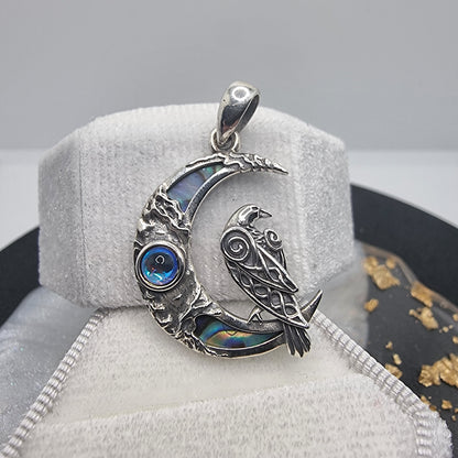 Celtic Raven & Moonstone Pendant with Abalone Crescent Moon 925 Sterling Silver