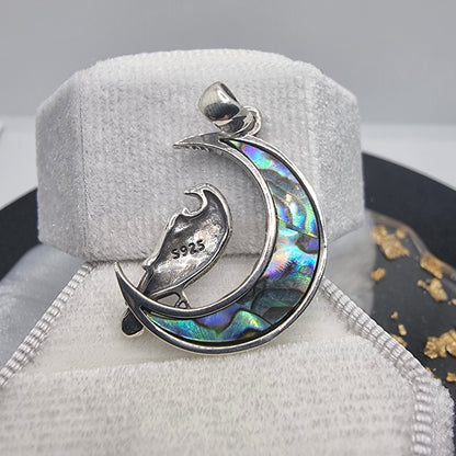 Celtic Raven & Moonstone Pendant with Abalone Crescent Moon 925 Sterling Silver