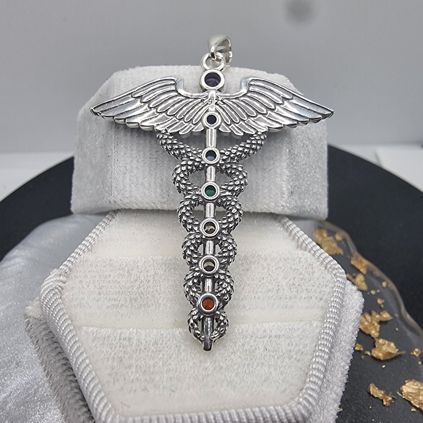 Caduceus NHS Symbol Pendant with Double Snake Wings and 7 Chakra Stones 925 Sterling Silver