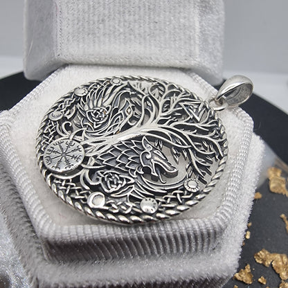 Intricate Viking Raven Wolf Yggdrasil Pendant Norse Mythology Lovers 925 Silver