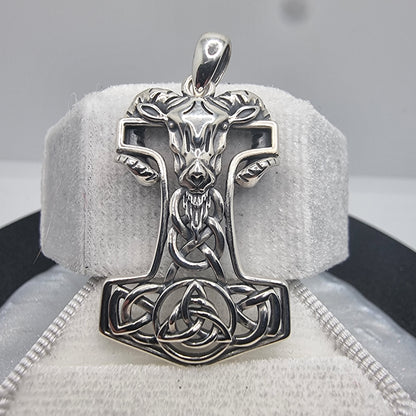 Norse Viking Thor's Hammer Mjolnir Pendant 925 Sterling Silver with Goat Celic