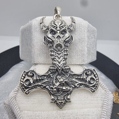 Norse Viking Thor's Hammer Pendant with Skull and Rune 925 Sterling Silver