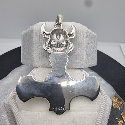 Norse Viking Thor's Hammer Pendant with Skull and Rune 925 Sterling Silver