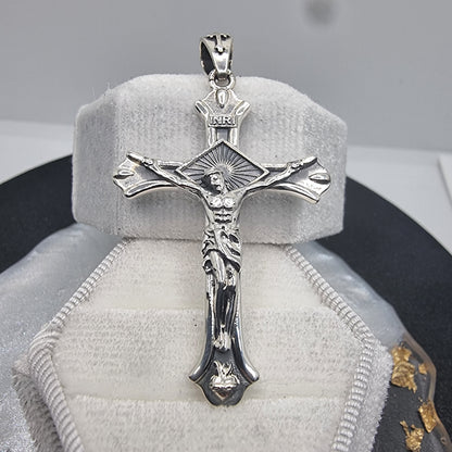 Crucifix Jesus Pendant with INRI Inscription Cross Radiant 925 Sterling Silver