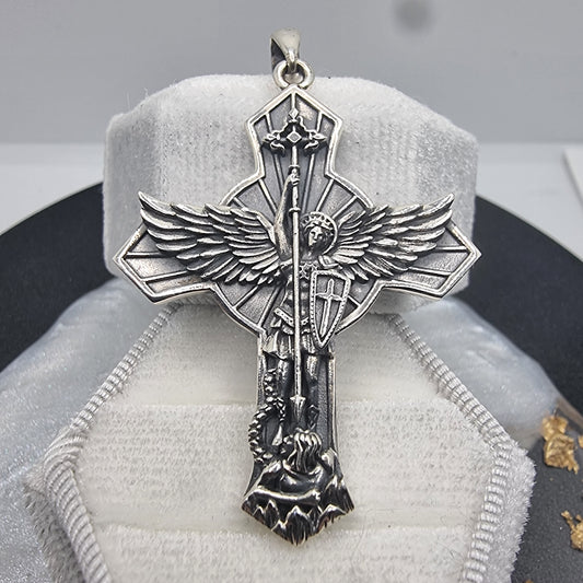 Saint Michael Archangel Cross Pendant for Protector 925 Sterling Silver