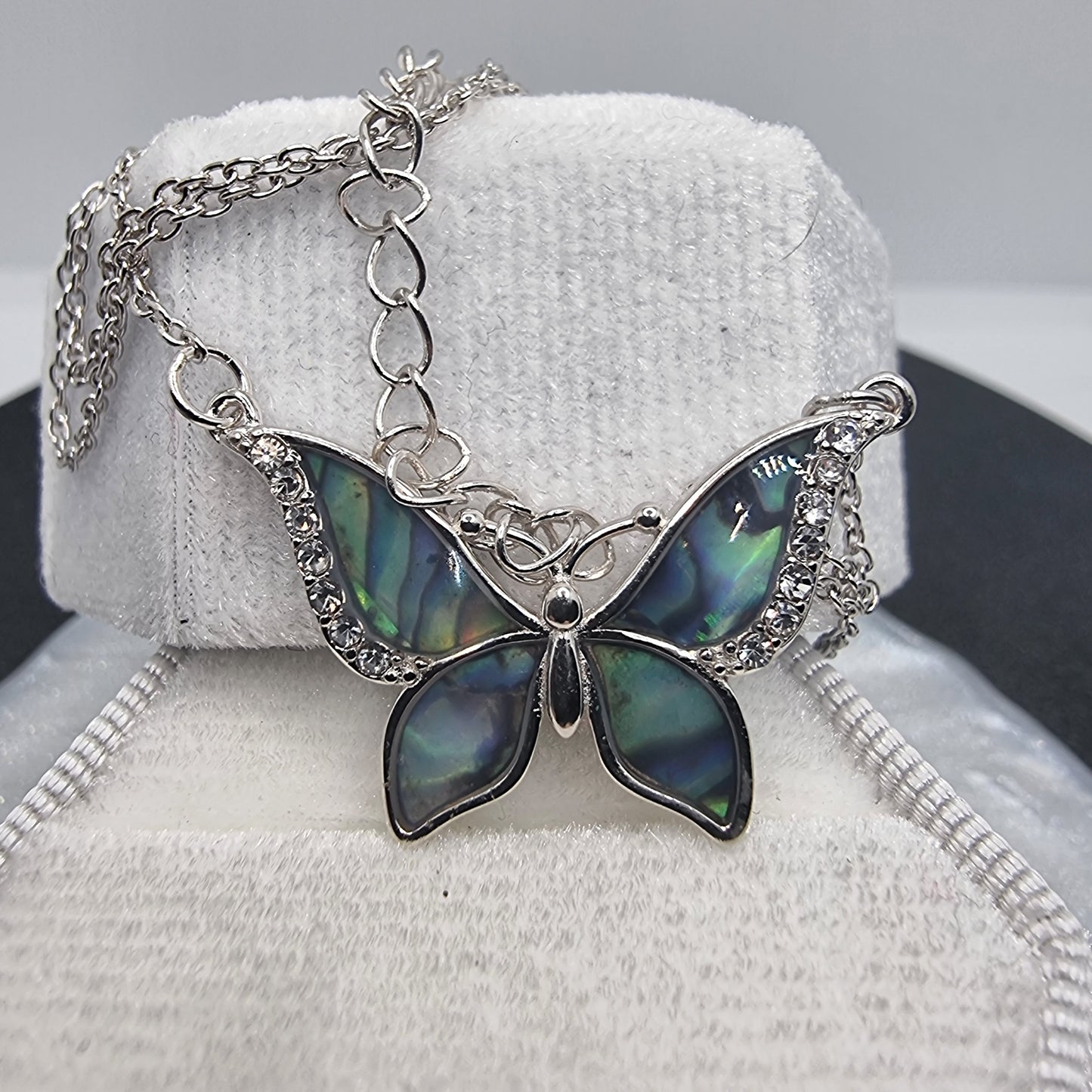 Abalone Shell Blue Butterfly Necklace Sterling Silver Crystals 18 inch chain