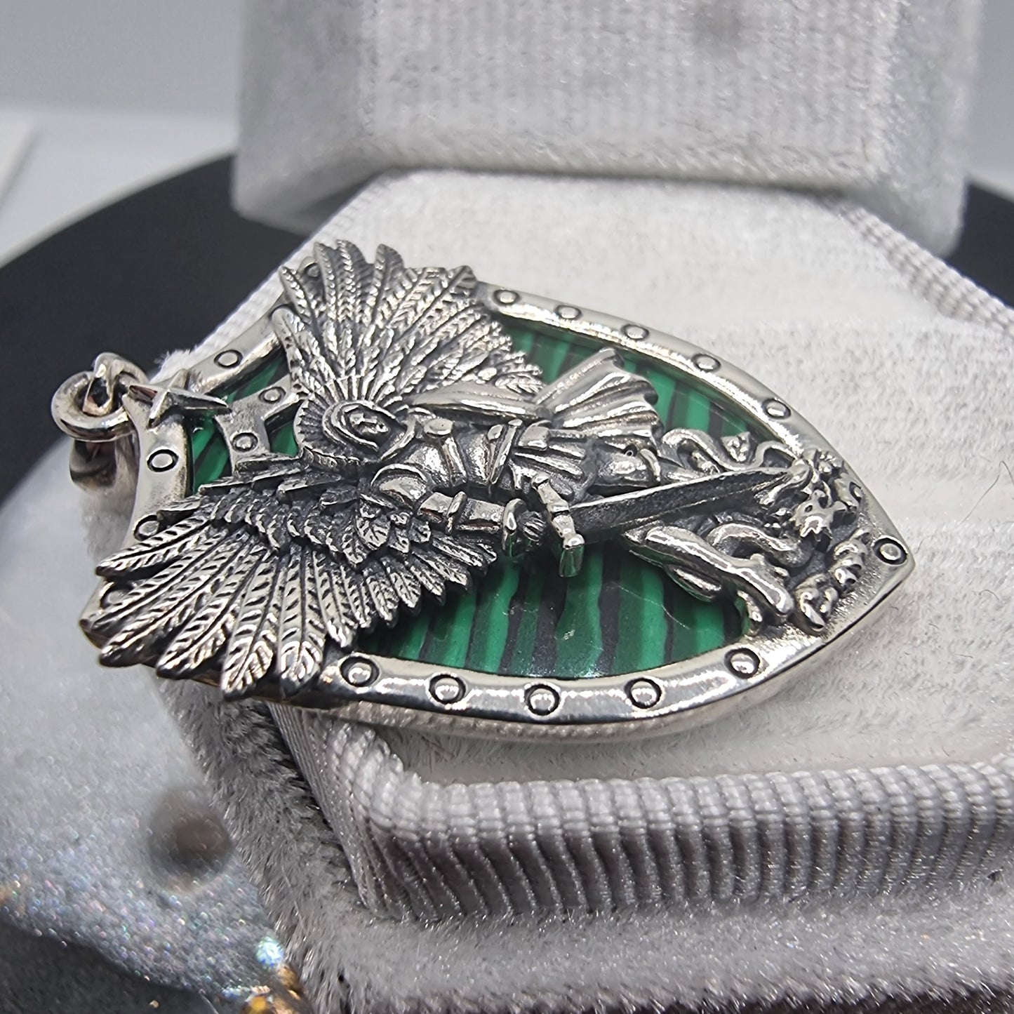 Archangel Michael Pendant with Malachite Shield 925 Sterling Silver Angel