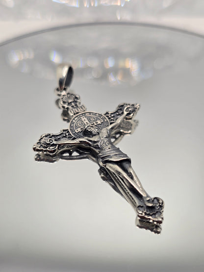 Saint Benedict Cross 925 Sterling Silver Jesus Crucifix Catholic Pendant