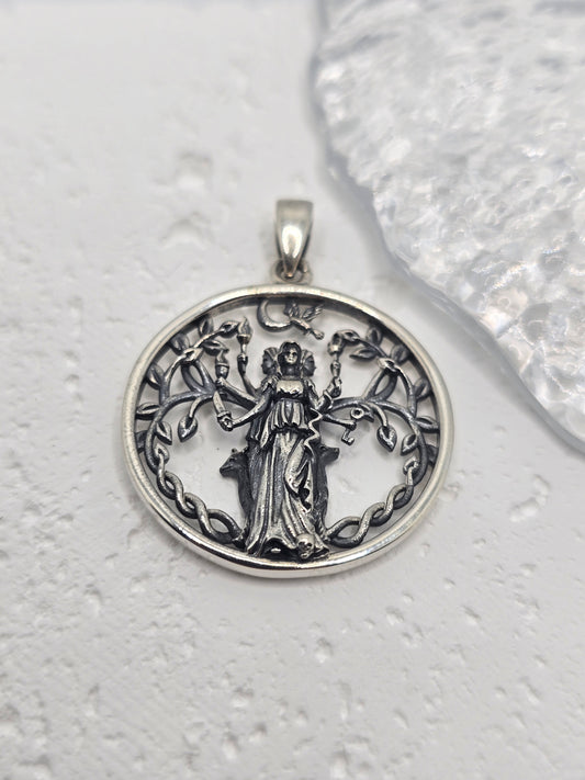 Hecate Goddess 925 Sterling Silver Pendant Triple Moon Pagan Wiccan Amulet
