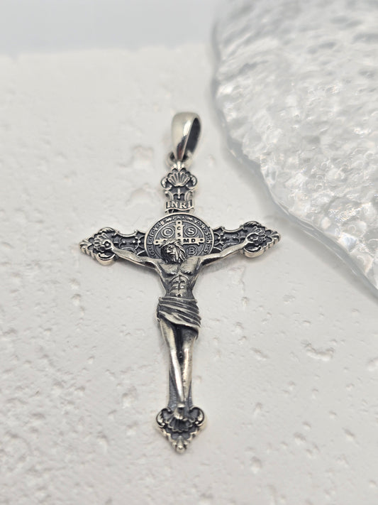 Saint Benedict Cross 925 Sterling Silver Jesus Crucifix Catholic Pendant