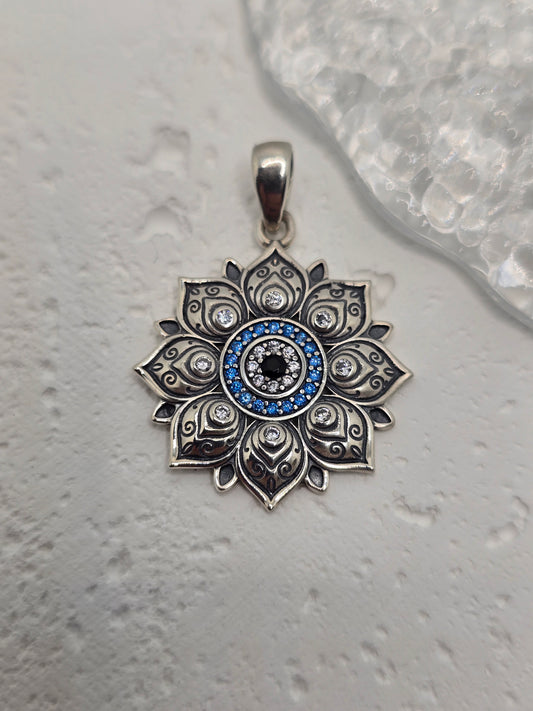 Lotus Evil Eye 925 Sterling Silver Pendant Blue Stone Protective Amulet