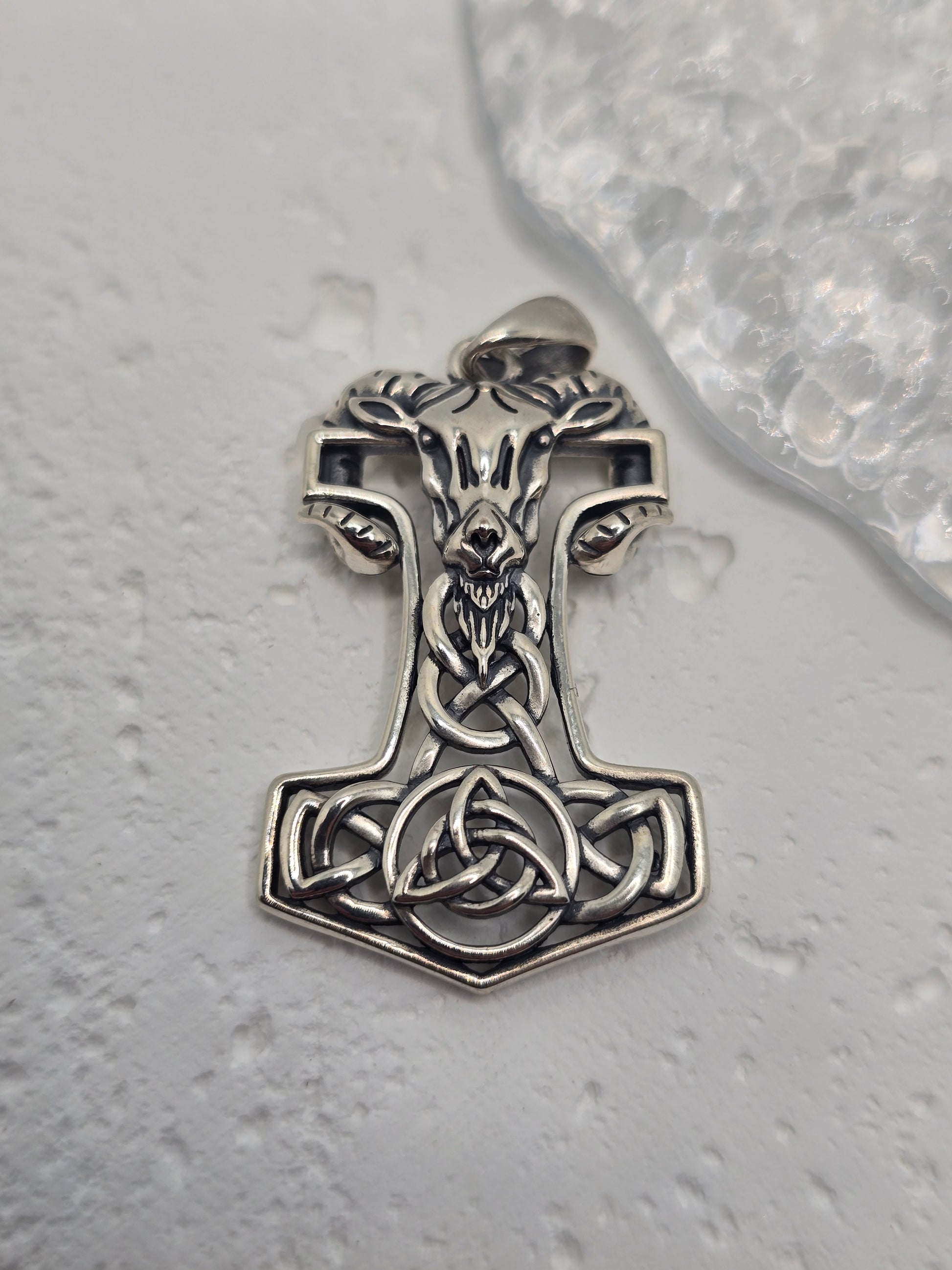 Thor's Hammer Mjolnir 925 Sterling Silver Pendant Goat Runes Celtic Knot
