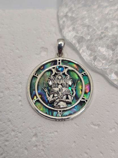 Triple Moon Goddess 925 Sterling Silver Abalone Shell Pendant Wiccan Pagan