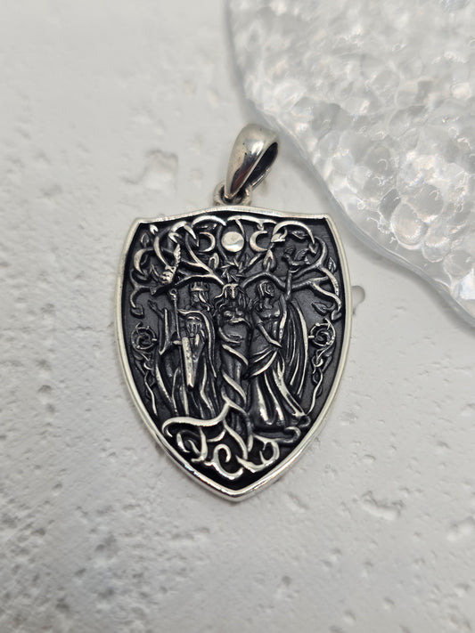 Hecate Triple Moon Goddess 925 Sterling Silver Shield Amulet Pendant