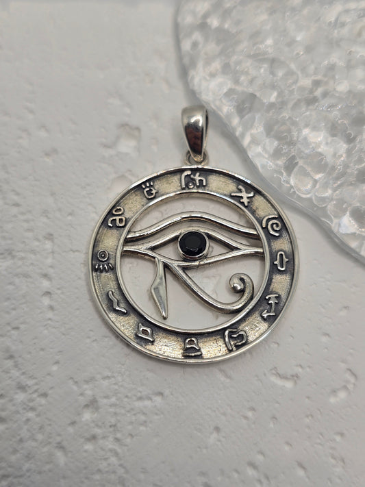 Eye of Horus 925 Sterling Silver Zodiac Black Gemstone Egyptian Pendant