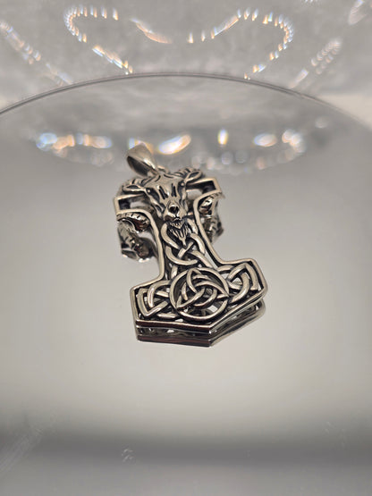 Thor's Hammer Mjolnir 925 Sterling Silver Pendant Goat Runes Celtic Knot