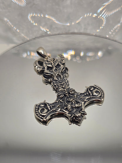 Thor's Hammer Mjolnir 925 Sterling Silver Skull Rune Skeleton Viking Pendant