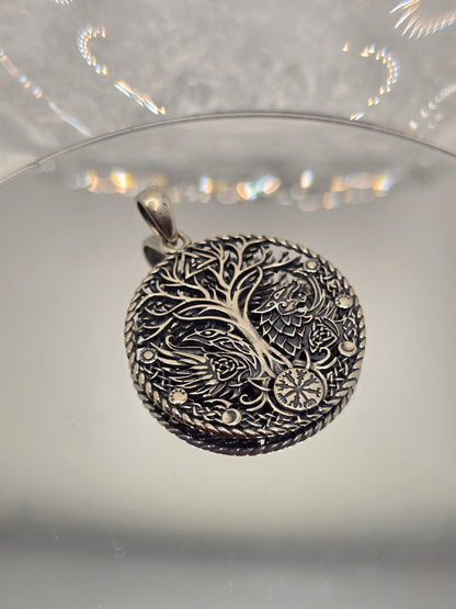 Viking Raven Wolf Yggdrasil 925 Sterling Silver Norse Tree of Life Pendant