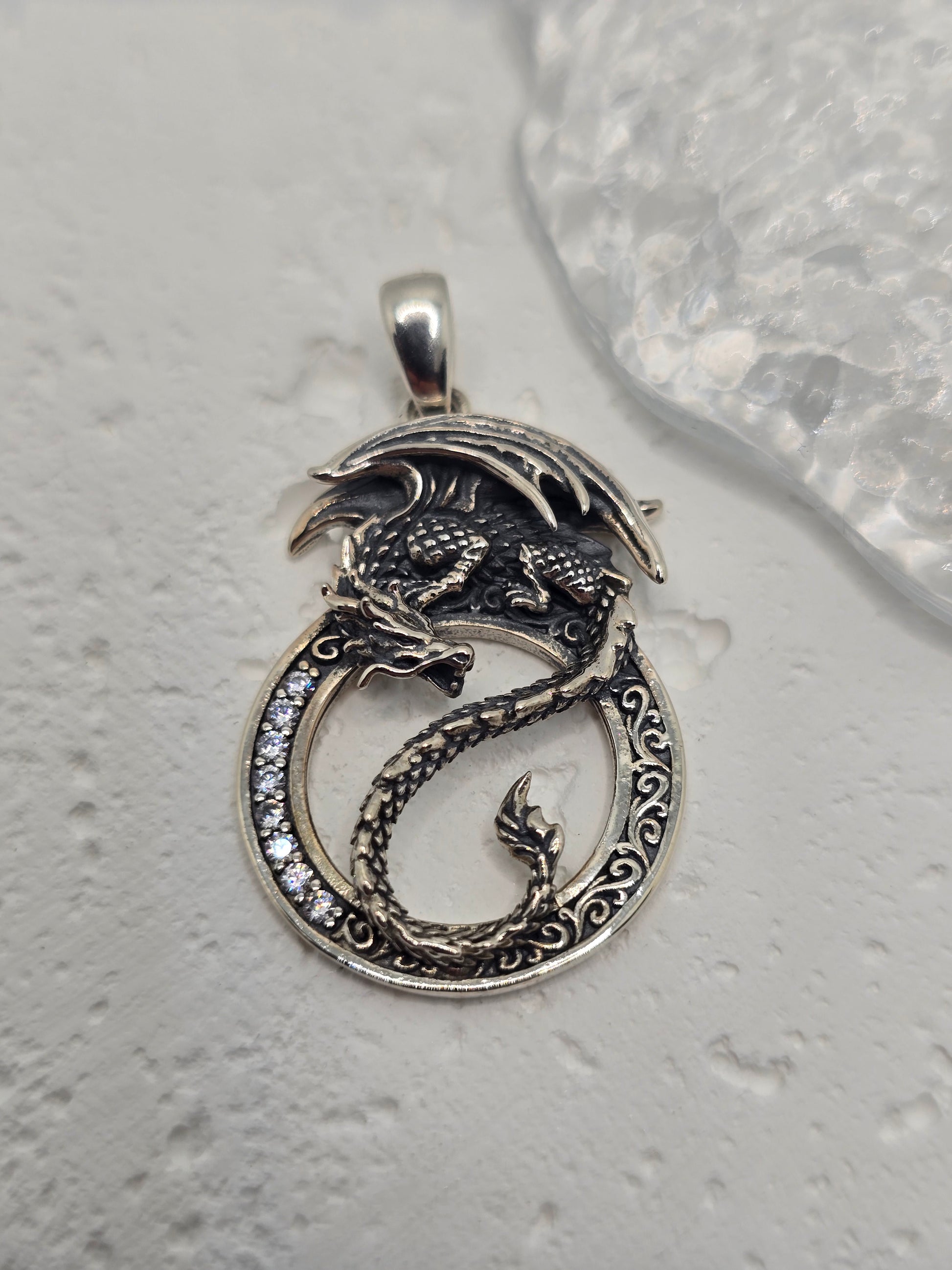  Dragon Yin Yang 925 Sterling Silver Pendant Crystal Accents Balance Amulet