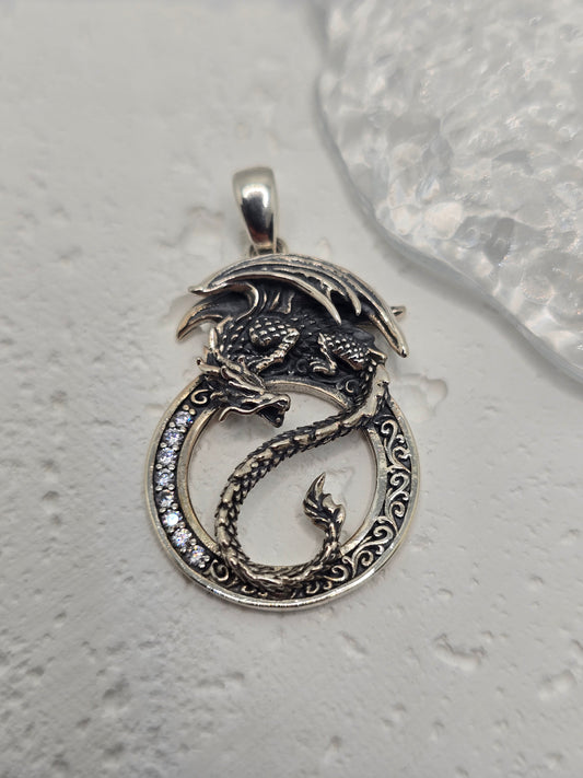  Dragon Yin Yang 925 Sterling Silver Pendant Crystal Accents Balance Amulet