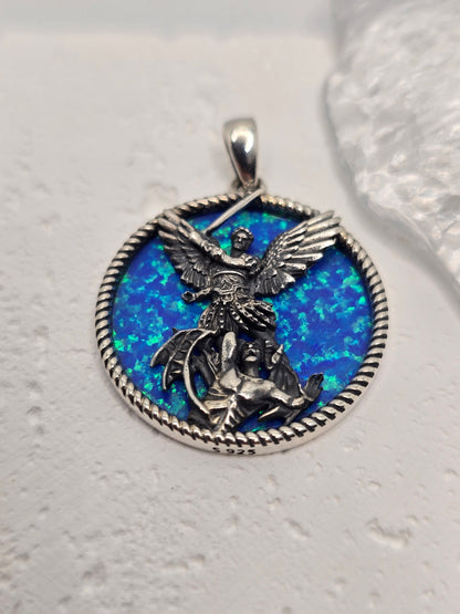  Saint Michael Archangel 925 Sterling Silver Opal Inlay Angel Pendant Catholic