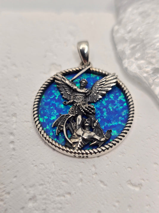  Saint Michael Archangel 925 Sterling Silver Opal Inlay Angel Pendant Catholic
