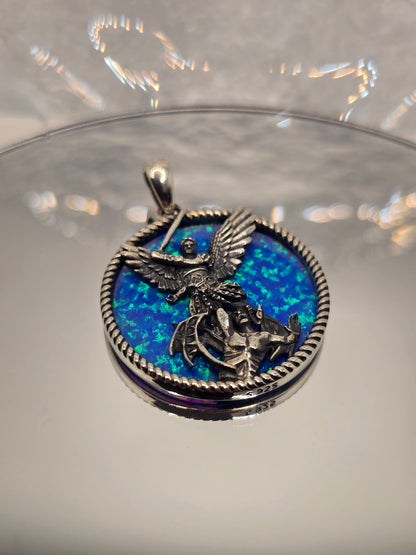 Saint Michael Archangel 925 Sterling Silver Opal Inlay Angel Pendant Catholic