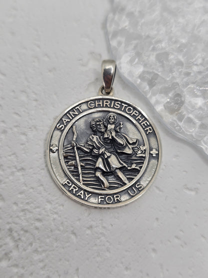 Saint Christopher Medallion 925 Sterling Silver Travel Protection Prayer Pendant
