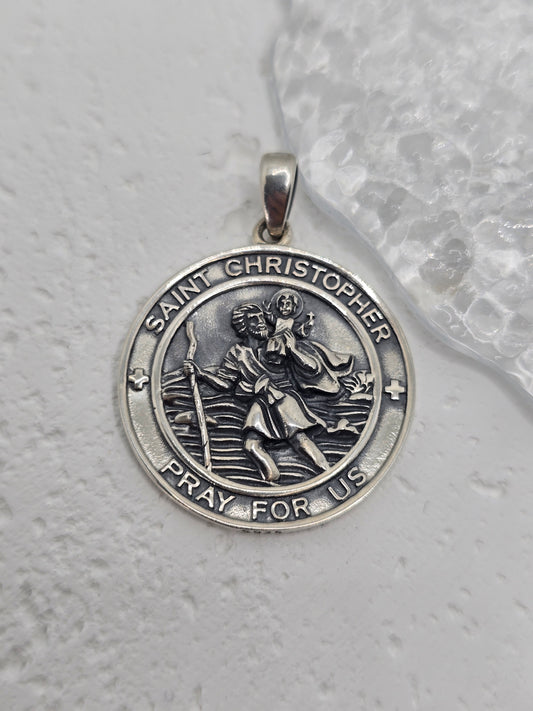 Saint Christopher Medallion 925 Sterling Silver Travel Protection Prayer Pendant