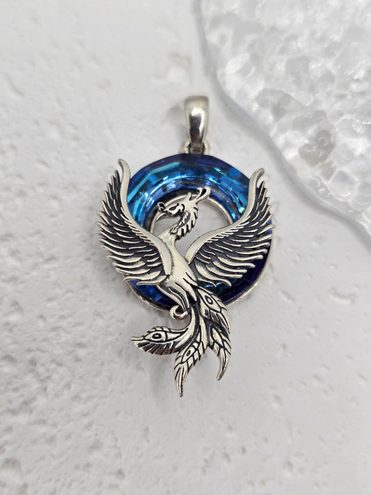 Phoenix 925 Sterling Silver Blue Crystal Halo Pendant Rebirth Talisman