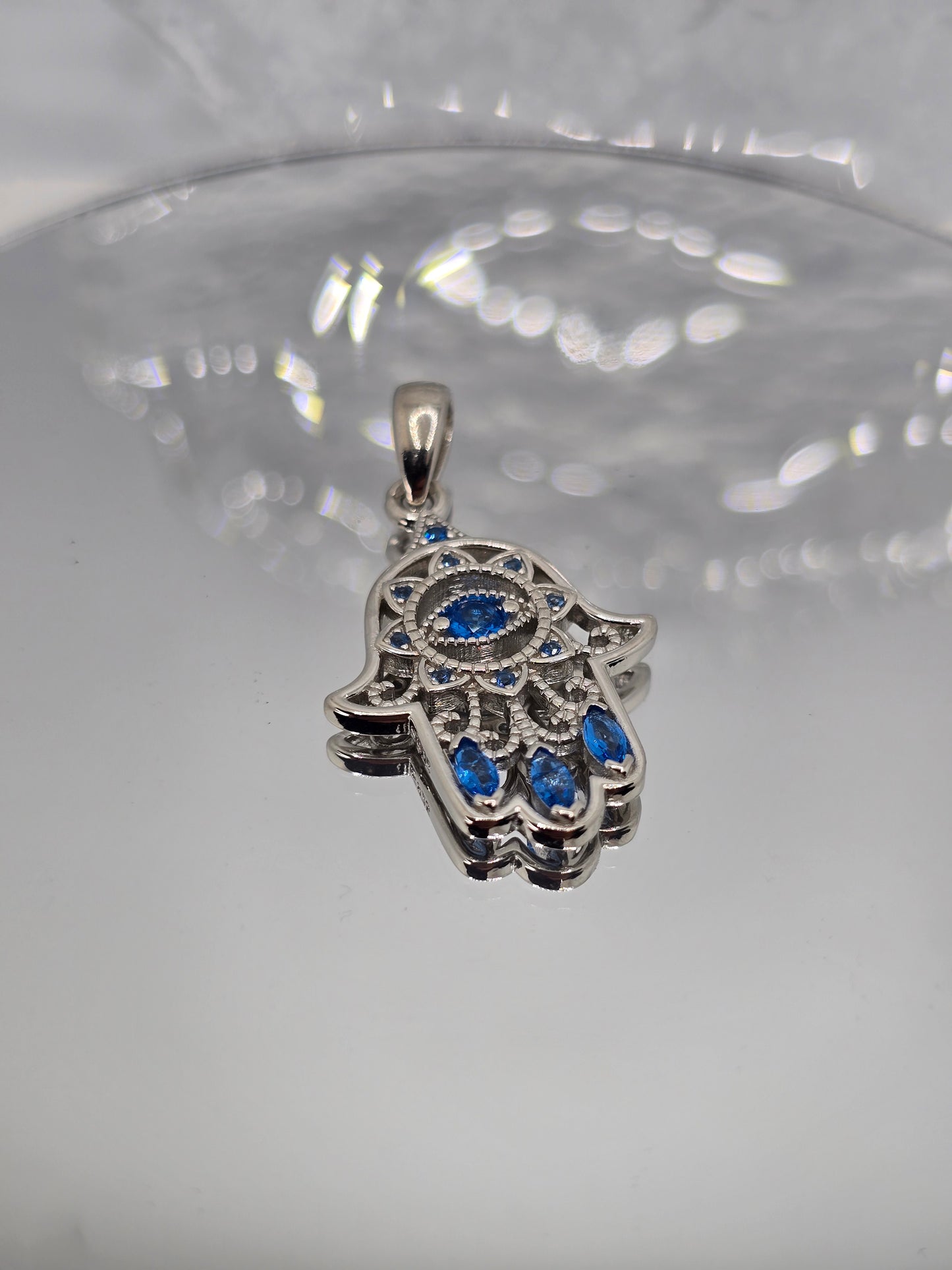Hamsa-Hand-Anhänger mit blauem Böser-Auge-Kristall für Schutz und Glück, 925er Sterlingsilber