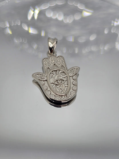 Hamsa-Hand-Engelsrufer-Anhänger aus 925er Sterlingsilber mit bösem Blick für spirituellen Schutz und göttliche Führung