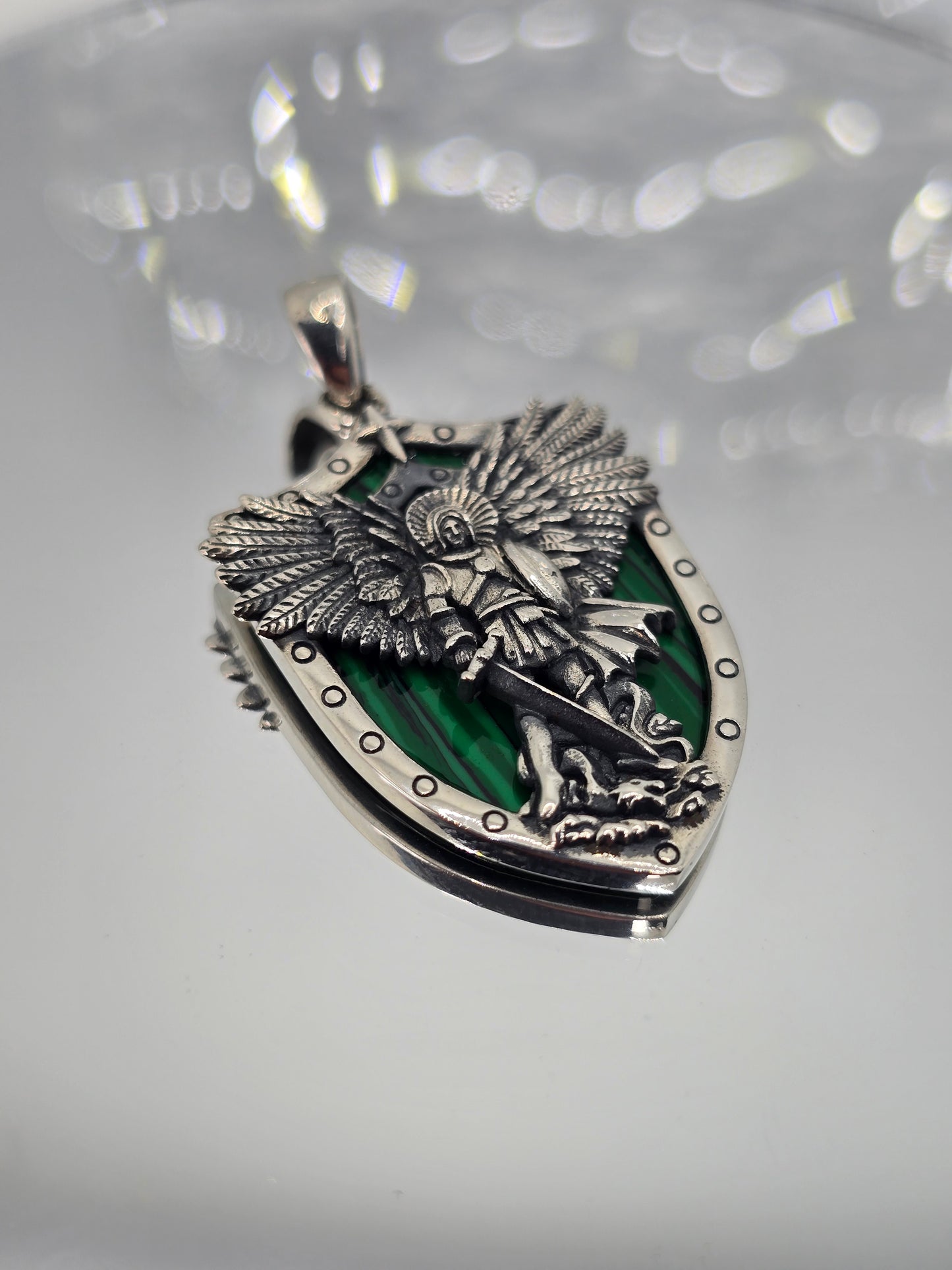 Saint Michael Archangel 925 Sterling Silver Malachite Shell Angel Catholic Pendant