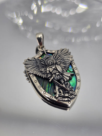 Saint Michael Archangel 925 Sterling Silver Abalone Shell Angel Catholic Pendant