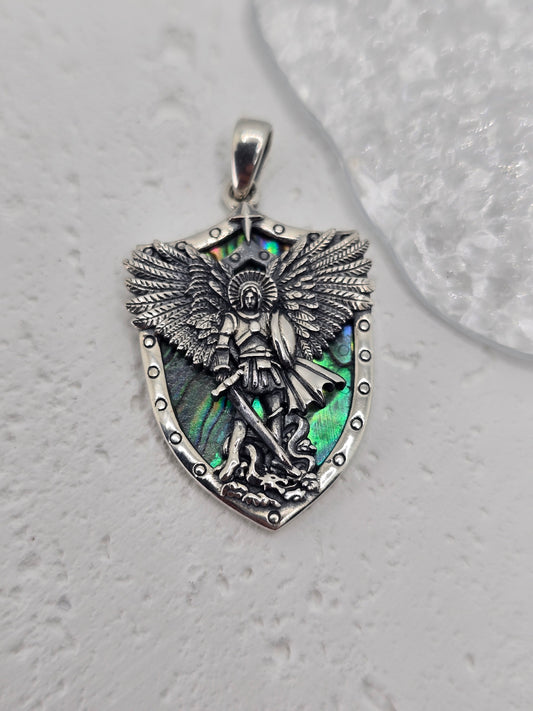 Saint Michael Archangel 925 Sterling Silver Abalone Shell Angel Catholic Pendant