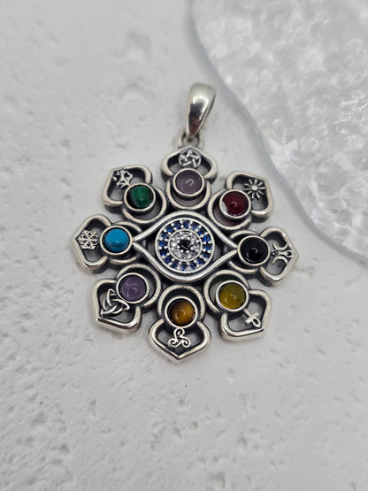 Hecate Lotus Evil Eye Pentagram 925 Sterling Silver Pendant Wiccan Multi-Gem