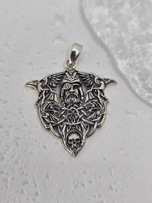 Odin Warrior Skull 925 Sterling Silver Pendant Raven Huginn Muninn Norse