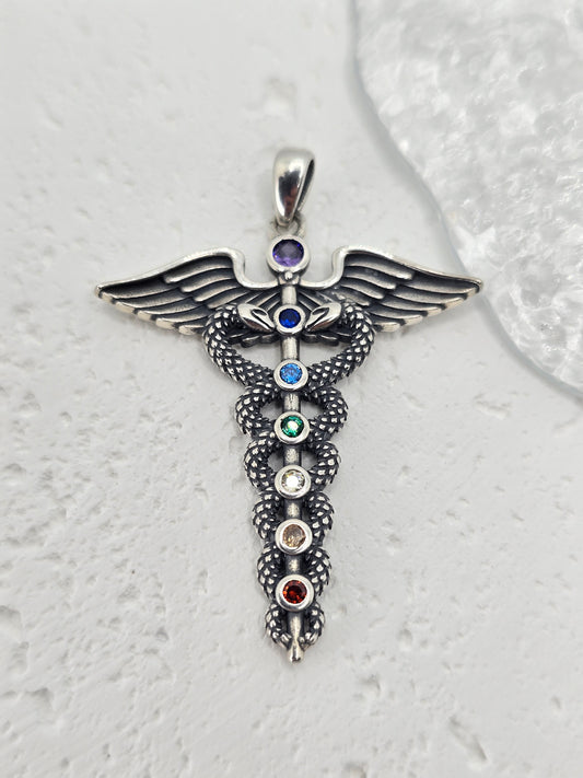 Caduceus 925 Sterling Silver Chakra Stones Pendant Doctor Nurse Gift