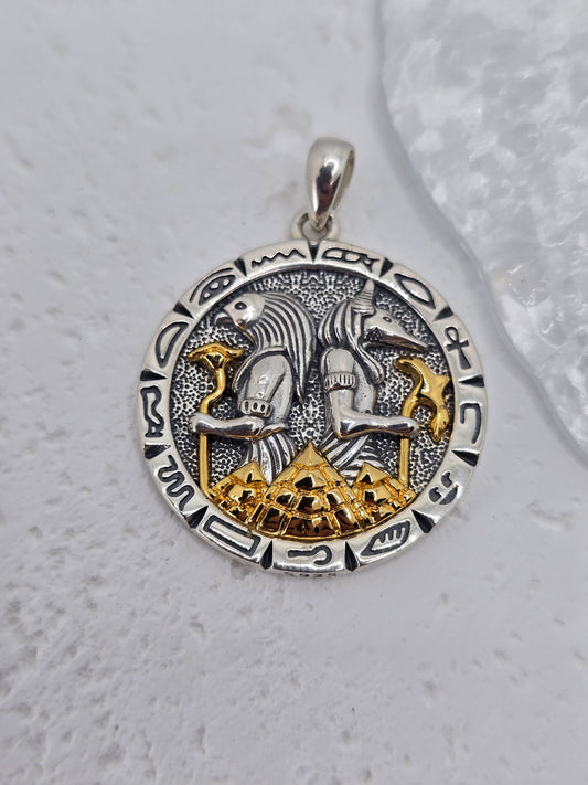 Anubis Amulet 925 Sterling Silver Gold Tone Pyramid Hieroglyph Egyptian Pendant