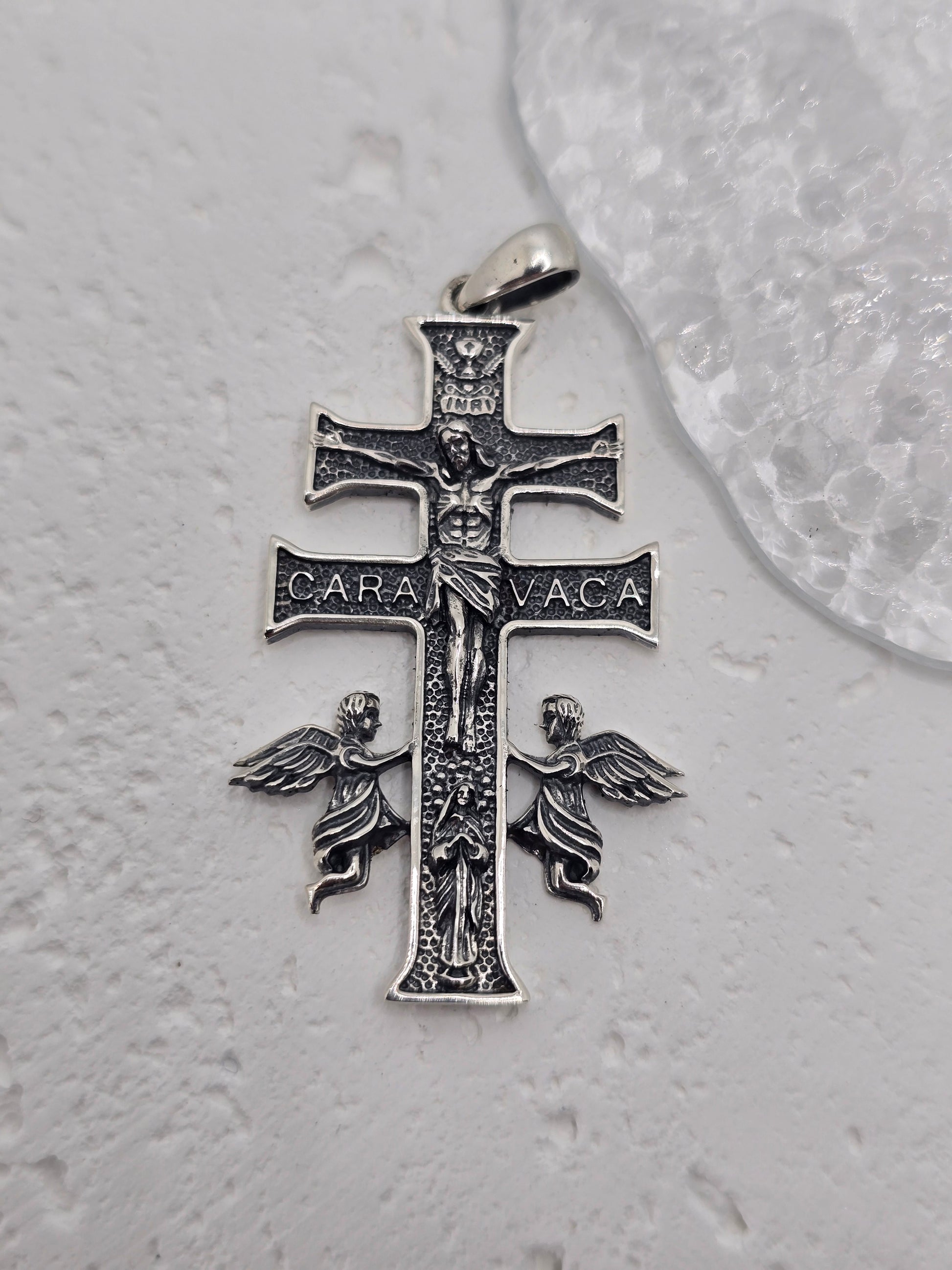 Caravaca Cross 925 Sterling Silver Pendant awith Angels Catholic Religious Amulet
