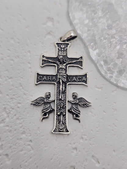 Caravaca Cross 925 Sterling Silver Pendant awith Angels Catholic Religious Amulet