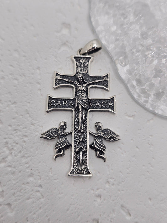 Caravaca Cross 925 Sterling Silver Pendant awith Angels Catholic Religious Amulet