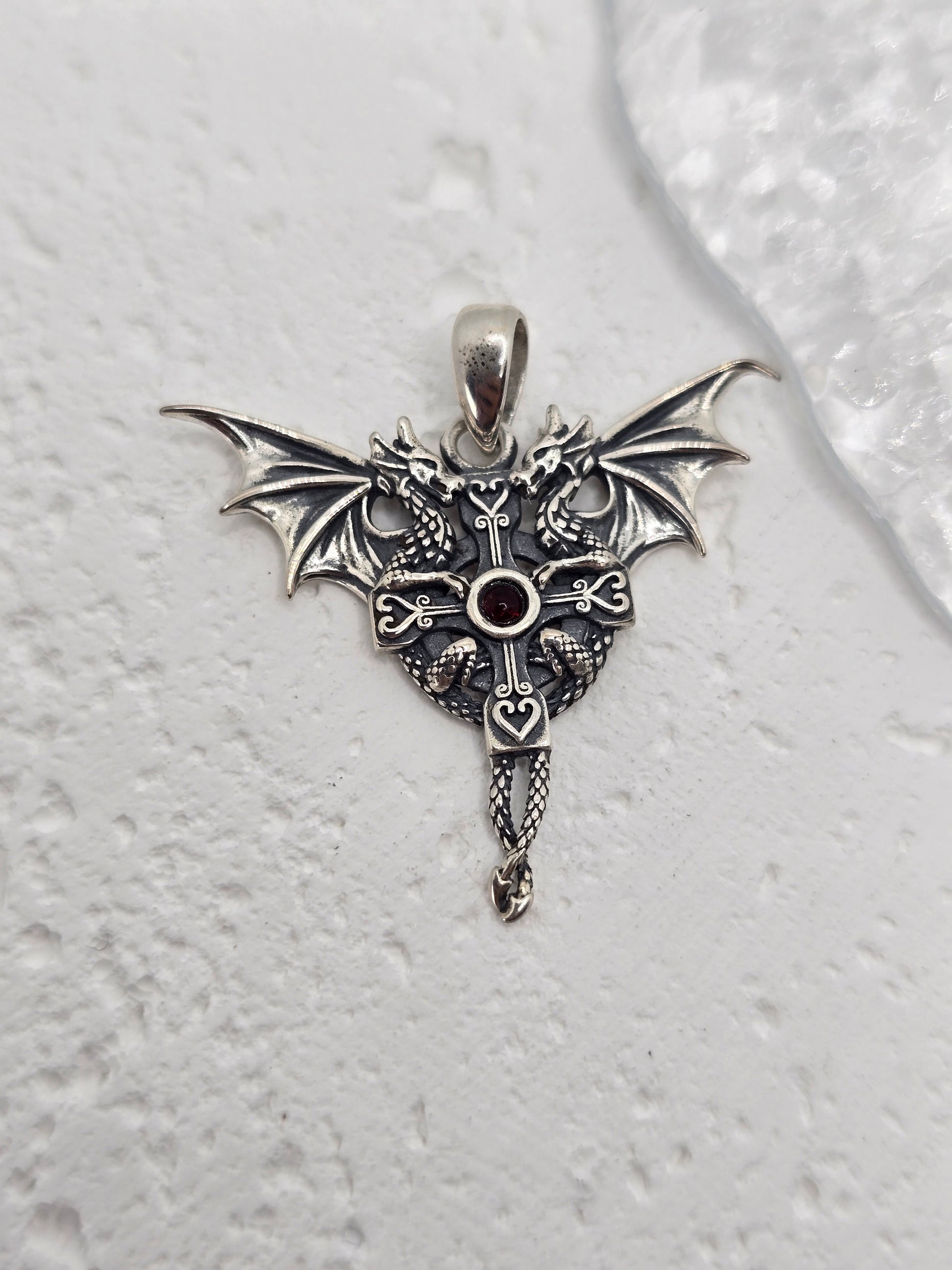 Viking Dragon Cross 925 Sterling Silver Red Gem Pendant Gothic Amulet