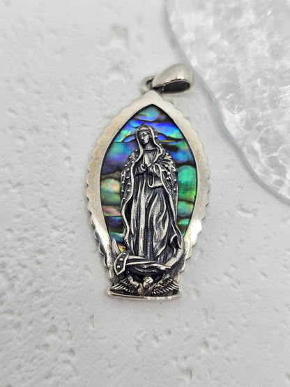 Virgin Mary Abalone Shell Pendant Religious Amulet 925 Sterling Silver Jeweller