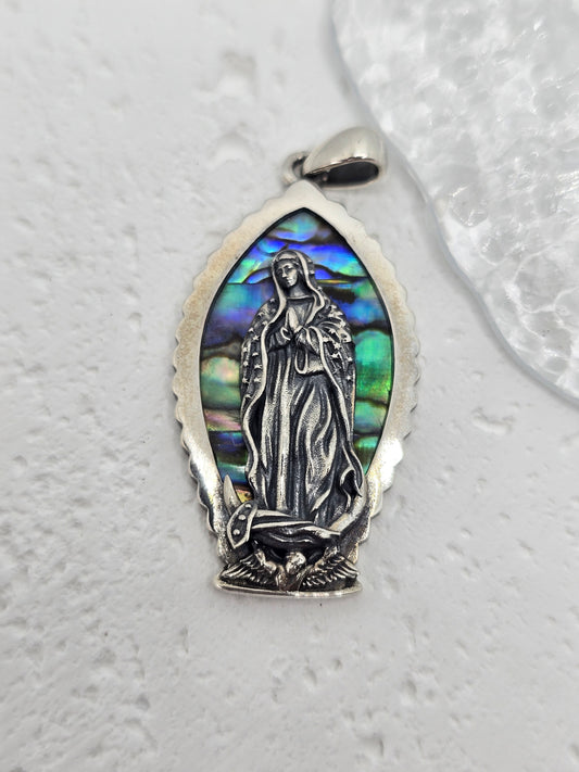 Virgin Mary Abalone Shell Pendant Religious Amulet 925 Sterling Silver Jeweller