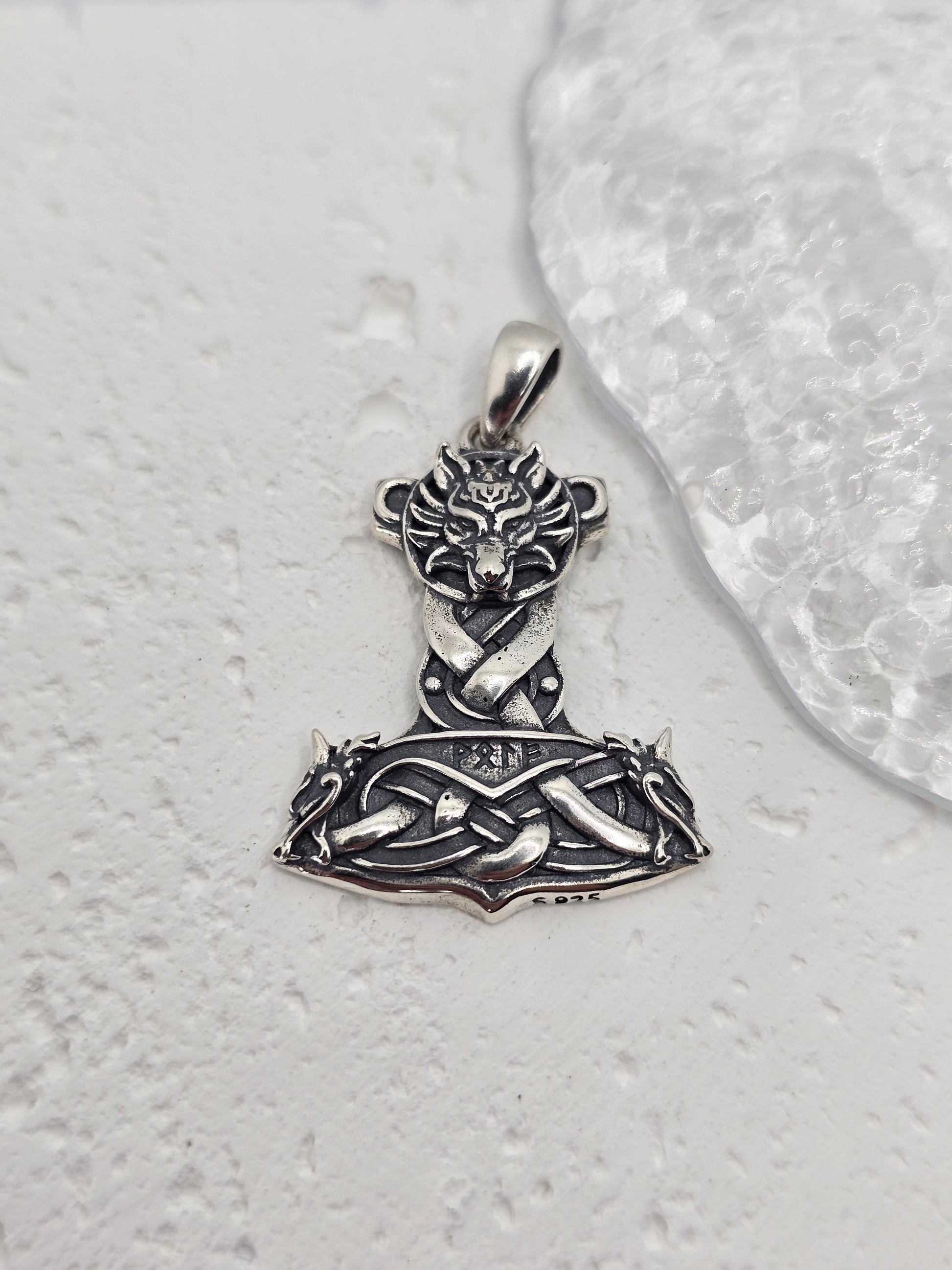 Viking Wolf Thor Hammer 925 Sterling Silver Celtic Knot Mjolnir Pendant